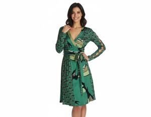 ISSA London Silk Wrap Dress Womens Green Geometric Long Sleeve V-Neck